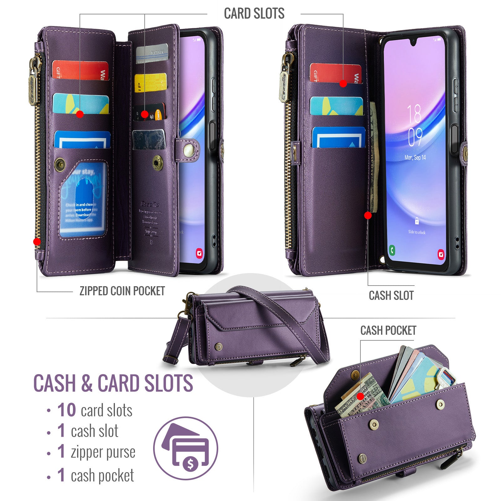 For Samsung Galaxy A16 5G / A16 4G Case CASEME C36 Series Zipper Wallet Leather Phone Cover with Straps - Purple For Samsung Galaxy A16 5G / A16 4G Case CASEME C36 Series Zipper Wallet Leather Phone Cover with Straps - Purple